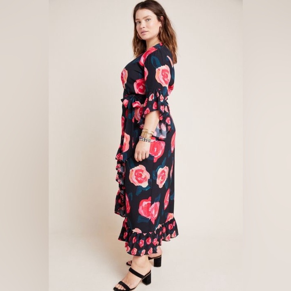 Anthropologie Navy Wrap Maxi Dress with Bold Pink & Red Roses